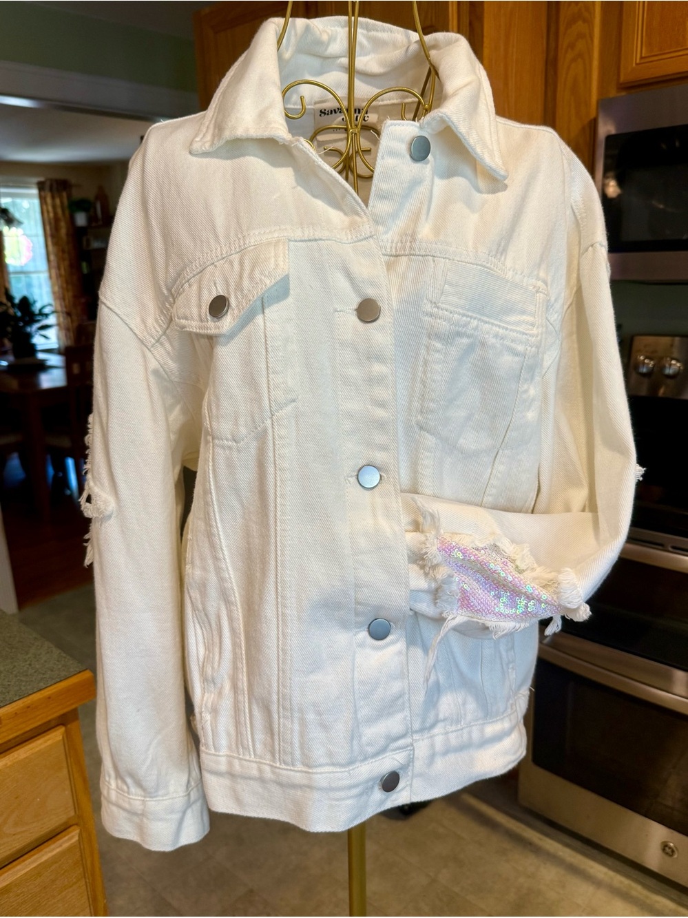 Savanna Jane NEW White Denim Jacket with Sequin Detail - Women L